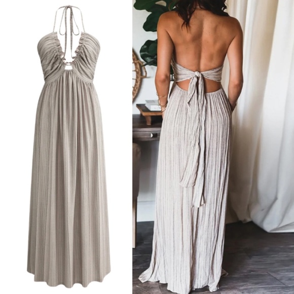 COMMENSE NWT Backless U-Neck Halter Strap Long Dress - Light Grey - Size Small - Picture 2 of 11
